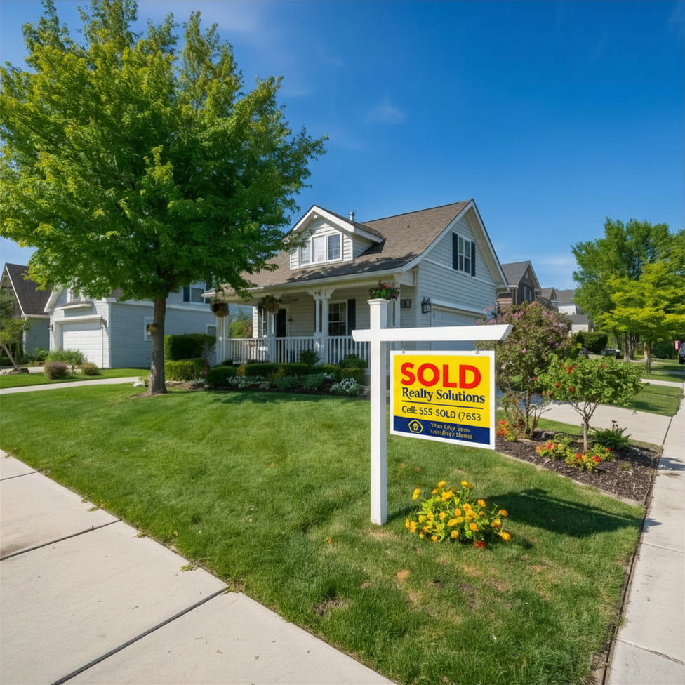 Beautiful suburban home with a sold sign in the front yard